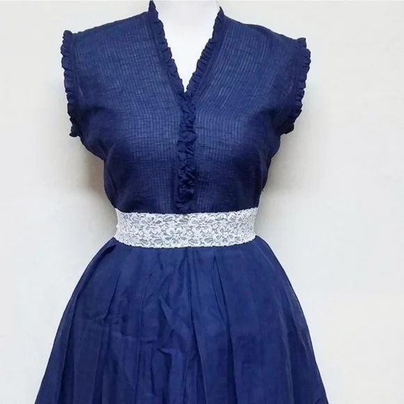Rare Vintage 40s Glass Original Blue Ruffle Cotton Voile Tie-Waist A-line Dress - Picture 2 of 11